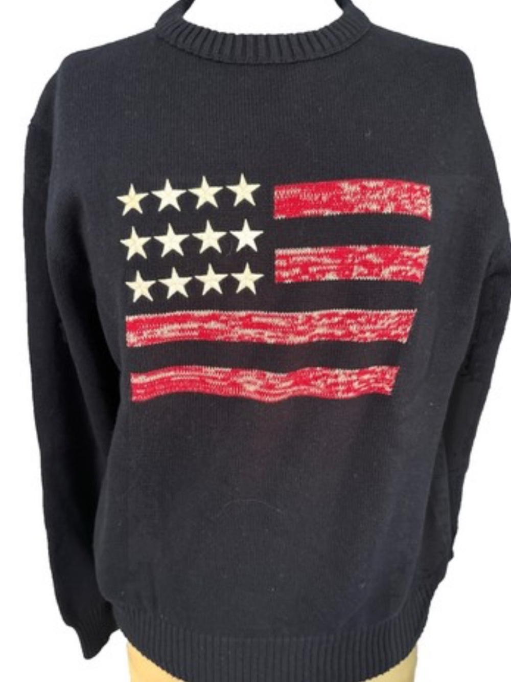 Weatherproof Navy Crewneck Sweater with Distressed Red & White Flag, size XL